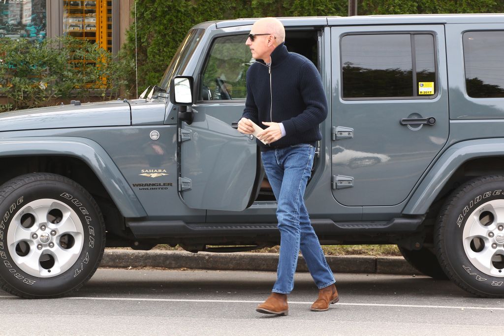 Matt Lauer gets off of his Jeep Sahara Wrangler in style
